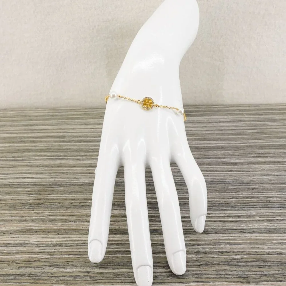 Tory Burch Crystal Logo & Imitation Pearl Station Bracelet Ivory/Tory Gold OS
